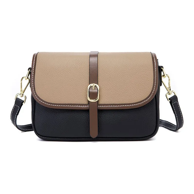 TTaG．baG Top Grain Cow Leather Shoulder Bag Women's Khaki/Caramel/Black-11