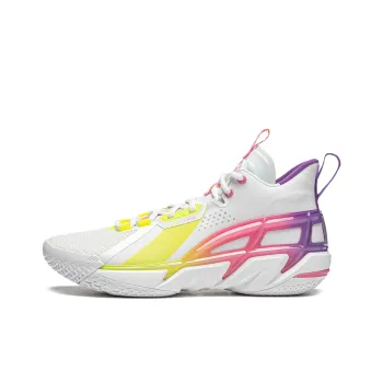 LiNing Cushioning Anti Slip Wear Resistant Breathable Support Rebound Mid Top Basketball Shoes Men's White Yellow Pink
