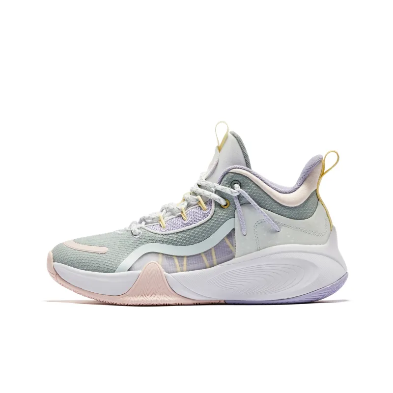 QIAODAN Anti Slip Wear Resistant Mid Top Basketball Shoes Women's Green Purple-0