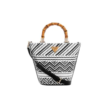 GUESS Straw With Artificial Leather Trim Bucket Bags Shoulder Bag Crossbody Bag Handbag Mini Women's Black