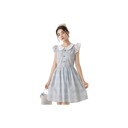 LOKUINTUS Short-Sleeved Dresses Women's Blue Check