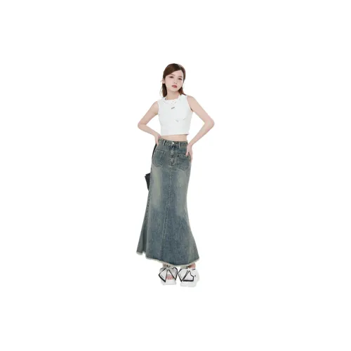 Rose Denim Long Skirts Women's Nostalgic Blue