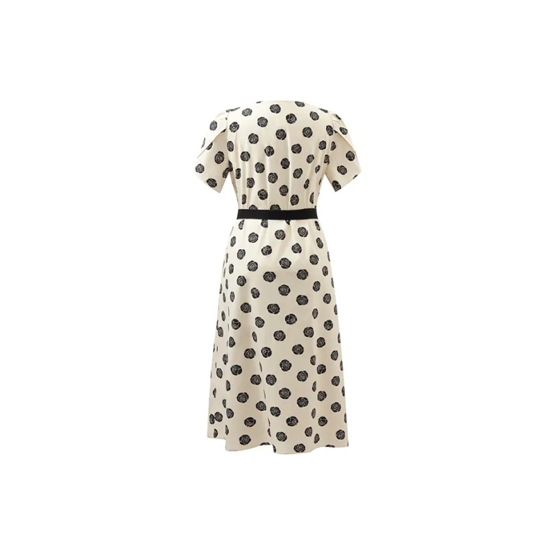 GOELIA Short Sleeved Dress Women's Ecru Base With Black Rose Print-1