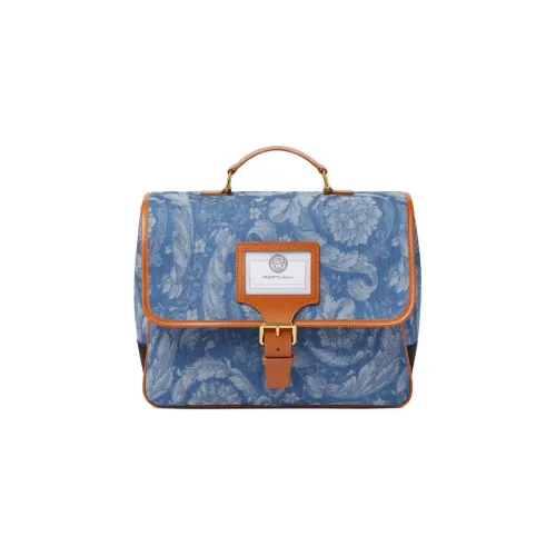 VERSACE Barocco Cotton Patchwork With Cow Leather Backpack Regular Kids' Blue