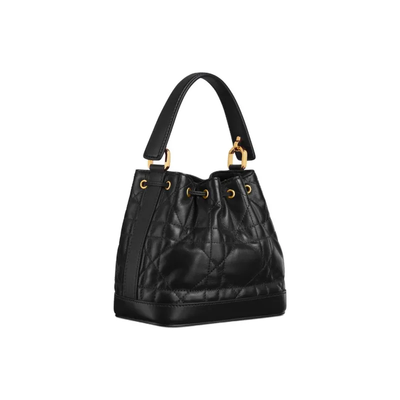 DIOR Wicker Pattern Calfskin Bucket Bags Shoulder Bag Crossbody Bag Handbag Small Size Women's Black-3