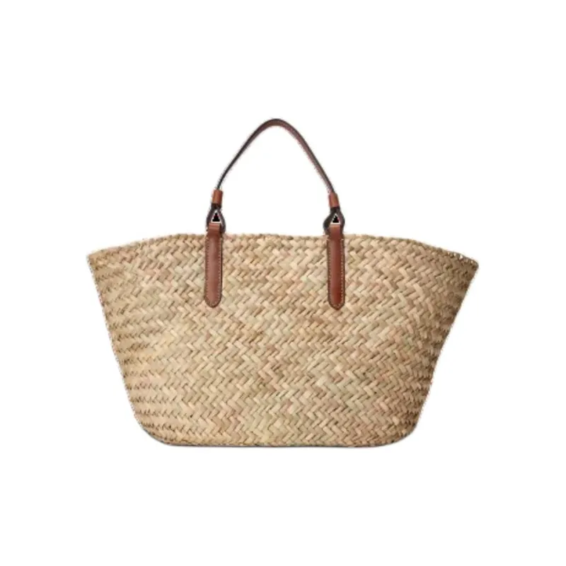 Ralph Lauren Straw Woven With Leather Trim Tote Bag Shopping Bag Handbag Medium Size Women's Natural Brown Yellow-1
