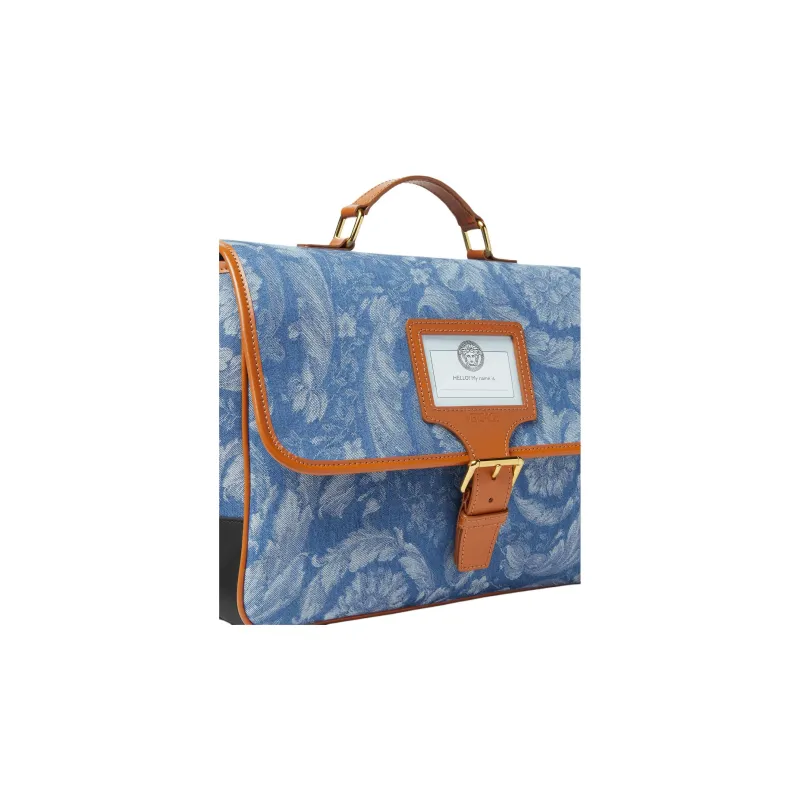 VERSACE Barocco Cotton Patchwork With Cow Leather Backpack Regular Kids' Blue-2