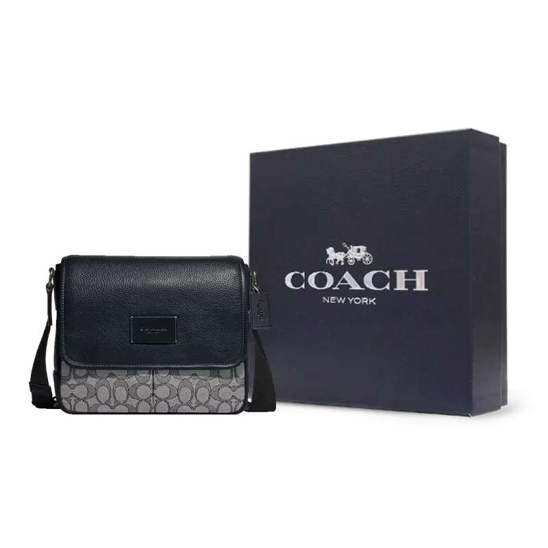 COACH Map Cow Leather Patchwork With Fabric Shoulder Bag Crossbody Bag Medium Size Men's Midnight Blue & Gray-7