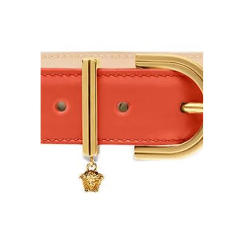 VERSACE Logo Pendant Pin Buckle Leather Belts Women's Orange 2CM-1