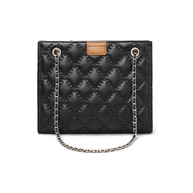 COMELY Cow Leather With Synthetic Leather Chain Bag, Tote Bag, Shopping Bag, Shoulder Bag Medium Size Women's Black-1