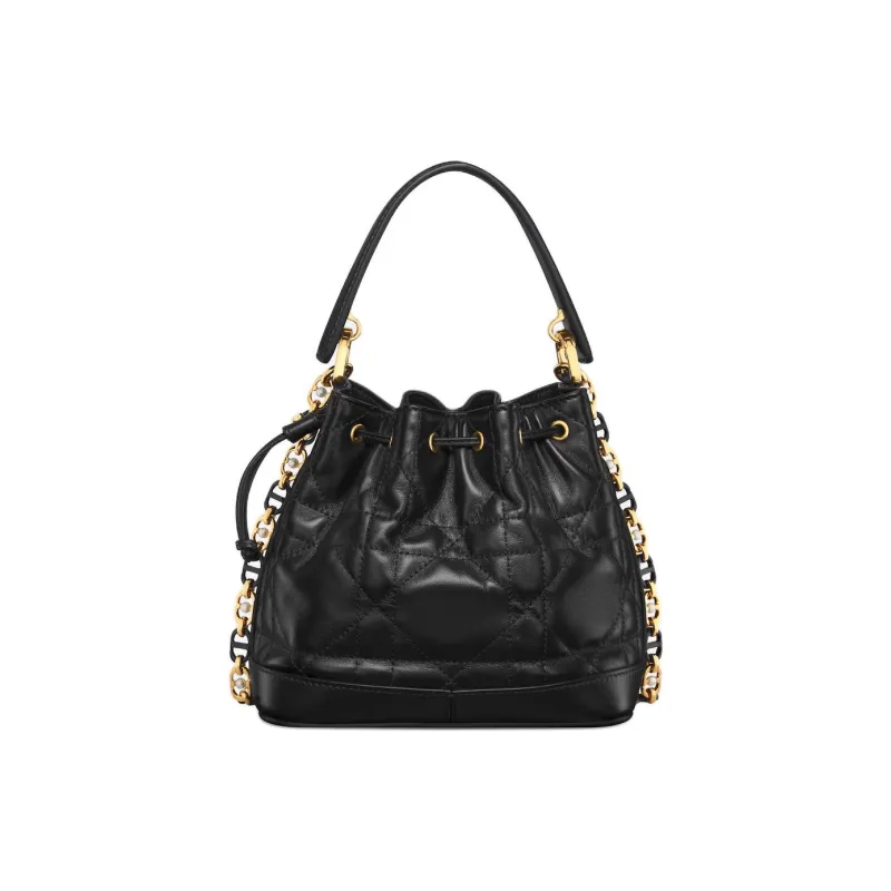 DIOR Wicker Pattern Calfskin Bucket Bags Shoulder Bag Crossbody Bag Handbag Small Size Women's Black-1