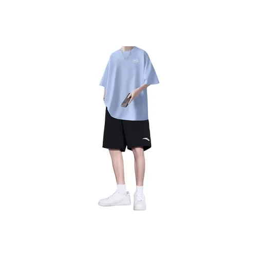 ANTA Casual Sportswear Men Set Ceramic Blue Short Sleeve + Basic Black Shorts