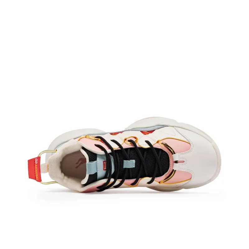 QIAODAN Slip Resistant High Top Basketball Shoes Women's White Blue Pink-3
