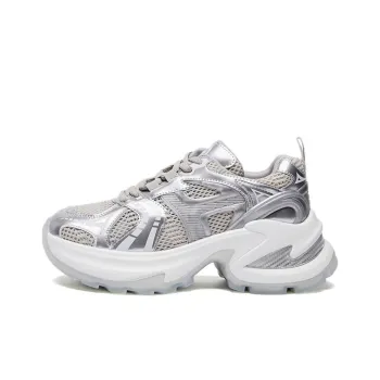 MALEMONKEY Anti Slip And Wear Resistant Lightweight Height Increasing Low Top Chunky Sneakers Women's Silver