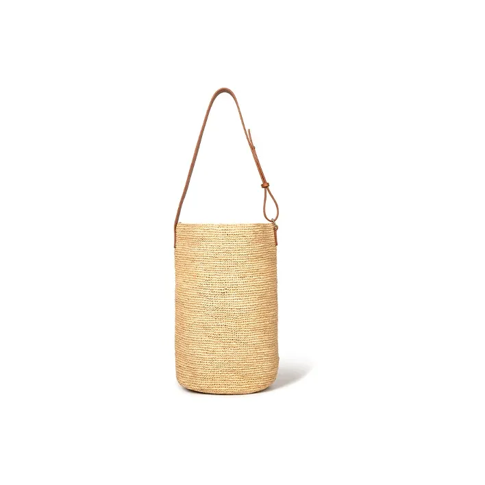 Beau Today Raffia Bucket Bag, One Shoulder Handbag Medium Size Women's Beige Brown-2