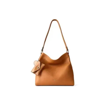 HONGU Genuine Leather Tote Bag, Shopping Bag, Handbag, Shoulder Bag Women's Light Brown/Pitch Black/Ecru
