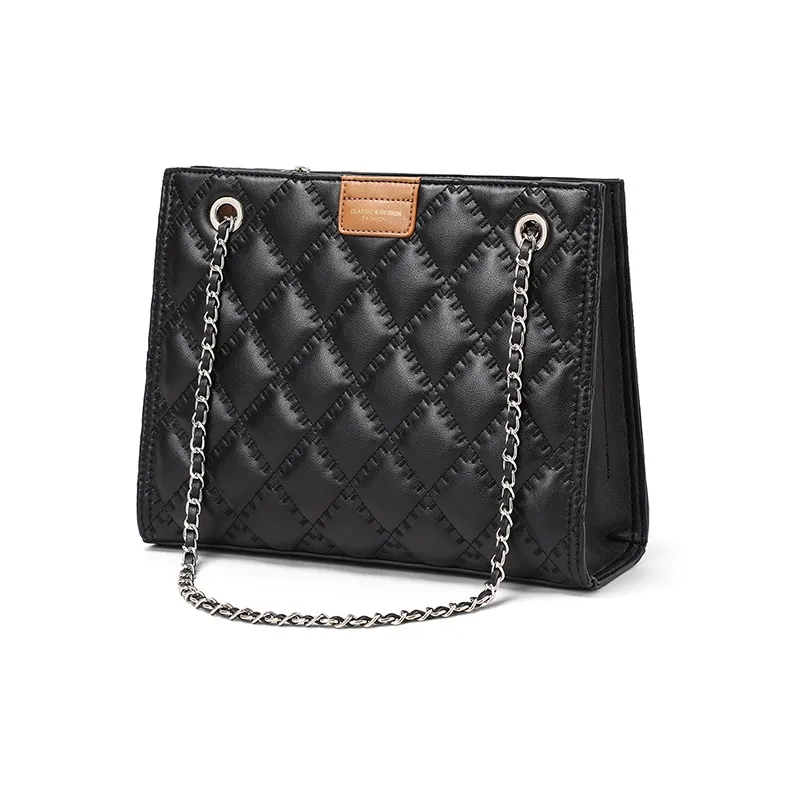 COMELY Cow Leather With Synthetic Leather Chain Bag, Tote Bag, Shopping Bag, Shoulder Bag Medium Size Women's Black-2