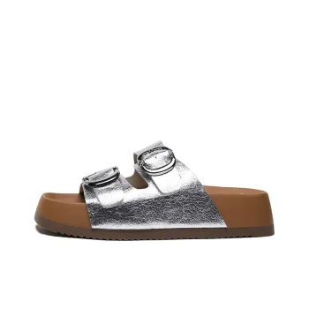 MALEMONKEY Rubber Sole Metal Leather Patchwork Slip-Resistant Abrasion-Resistant Slide Slippers Women's