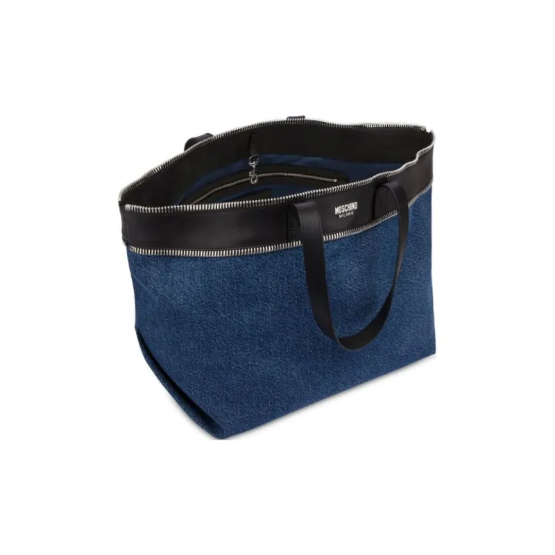 MOSCHINO Zip trim Denim And Leather Tote Bag-1