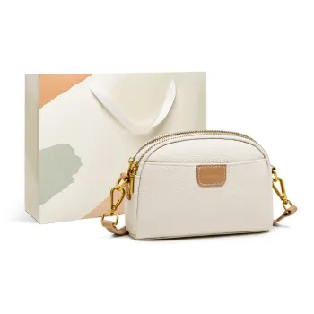 15 MINS Cow Leather Cell Phone Pouch Small Square Bag Crossbody Bag Shoulder Bag Regular Women's Ecru & Apricot