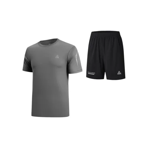 PEAK Casual Sportswear Men Grey And Black Set Grey Short-sleeved Top + Black Shorts