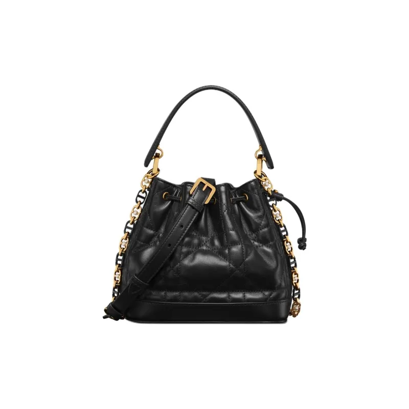 DIOR Wicker Pattern Calfskin Bucket Bags Shoulder Bag Crossbody Bag Handbag Small Size Women's Black-0