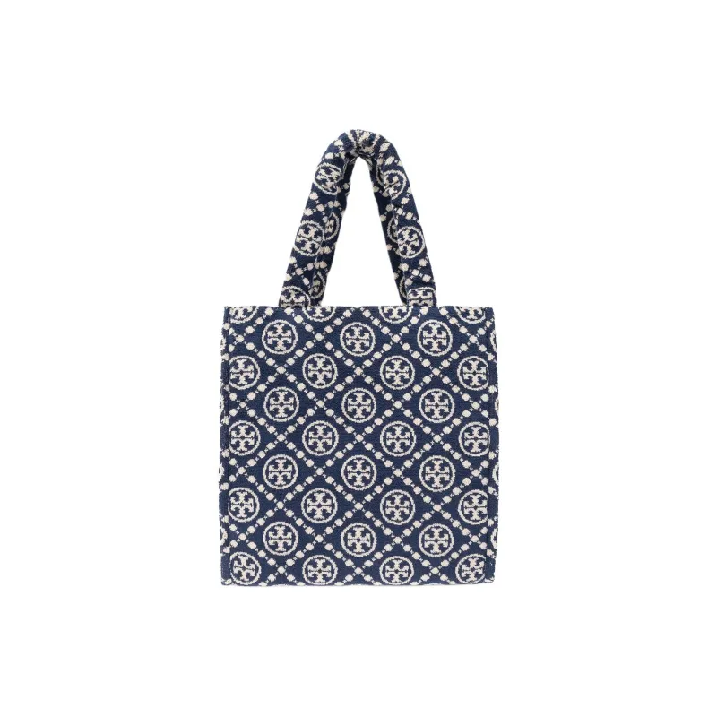 TORY BURCH T Monogram Terry Cloth Cotton Blend Fabric Tote Bag Shopping Bag Handbag Shoulder Bag Women's Marine Blue-4