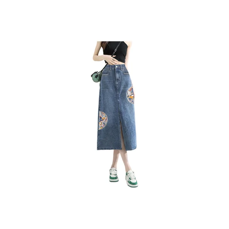 Weixi Denim Long Skirts Women's Blue-1