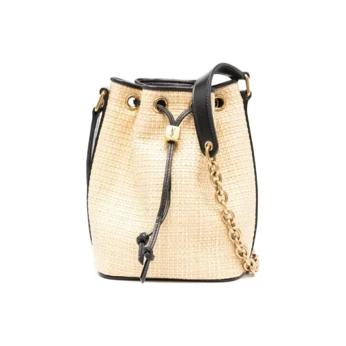 SAINT LAURENT Leather With Raffia Bucket Bag, Shoulder Bag, Crossbody Bag Women's Beige