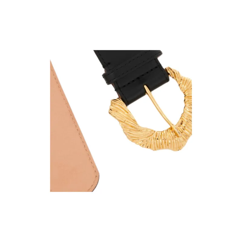 Chloe Handmade Textured Floral 'C' Shaped Pin Buckle Calfskin Brass Leather Belts Women's Black Width 3.5CM-2