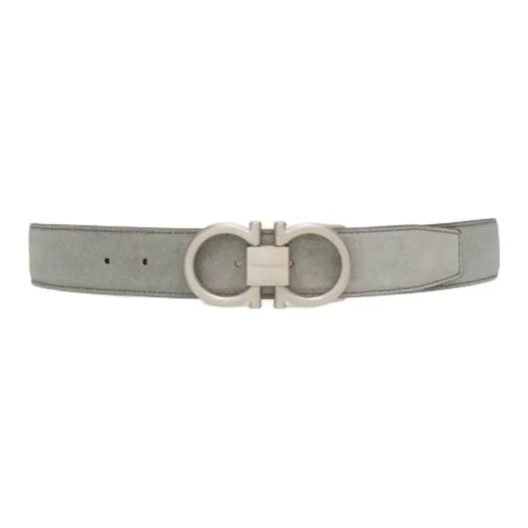 FERRAGAMO Logo Design Gancini Smooth Buckle Suede, Suede, Palladium Plated Metal Leather Belts Men's Green Width 3.5CM-1