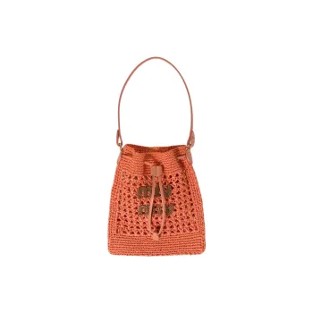 MIU MIU Woven Fabric With Leather Bucket Bag, One Shoulder Handbag Mini Women's Tulip With Cognac