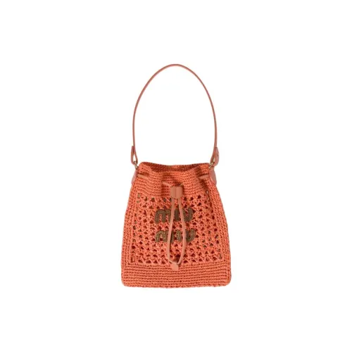 MIU MIU Woven Fabric With Leather Bucket Bag, One Shoulder Handbag Mini Women's Tulip With Cognac