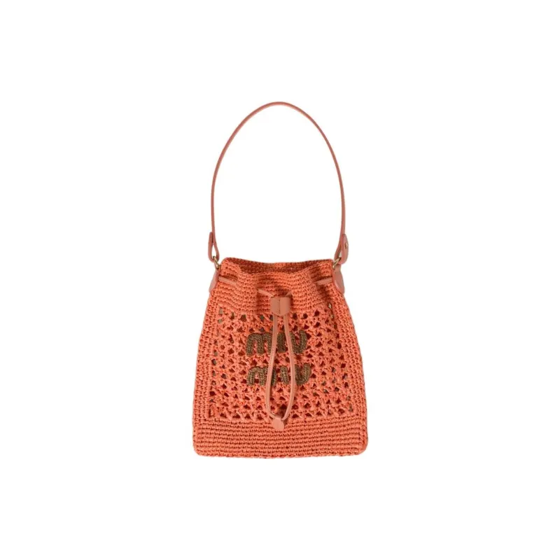 MIU MIU Woven Fabric With Leather Bucket Bag, One Shoulder Handbag Mini Women's Tulip With Cognac-0