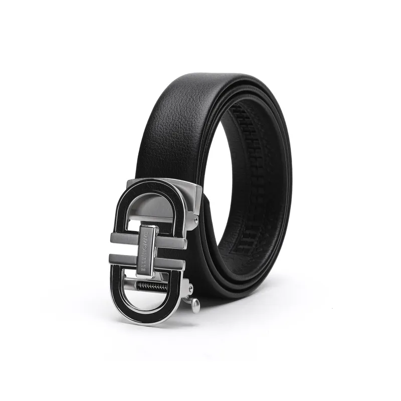 ELLE HOMME Automatic Buckle Belt Genuine Leather Trendy Steel Buckle Cow Leather Belts Men's Black Width 3.7cm-1