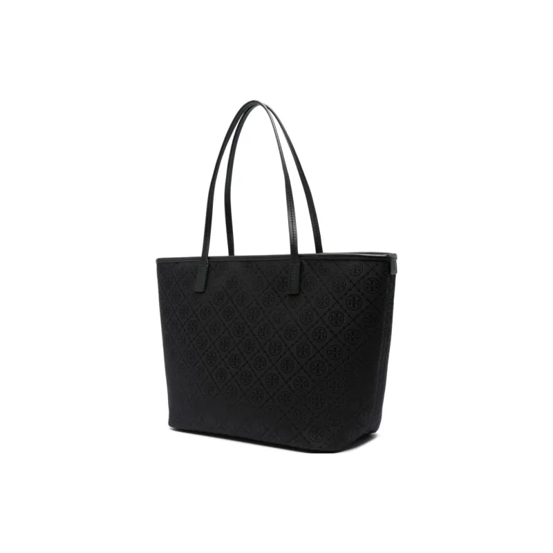 TORY BURCH T Monogram Fabric Cow Leather Patchwork Tote Bag Shopping Bag Handbag Shoulder Bag Medium Size Women's Black-4