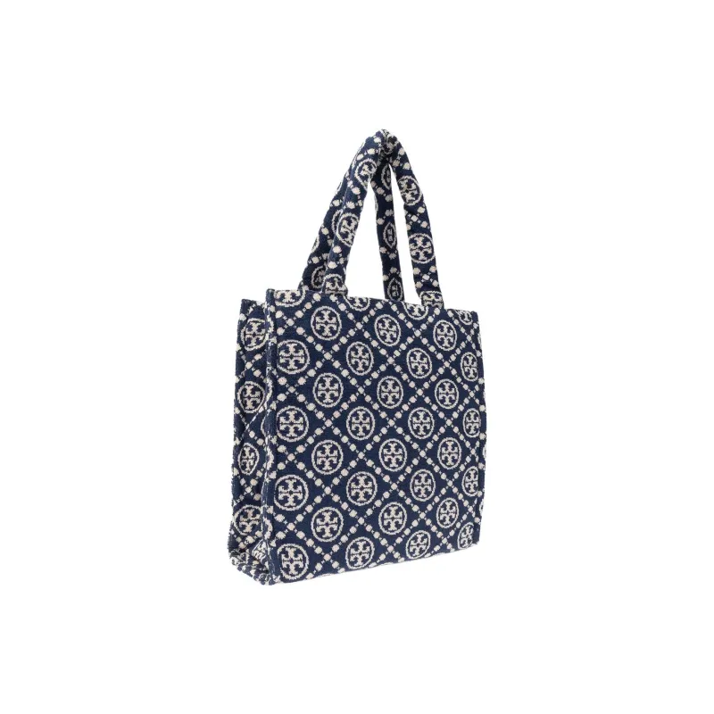 TORY BURCH T Monogram Terry Cloth Cotton Blend Fabric Tote Bag Shopping Bag Handbag Shoulder Bag Women's Marine Blue-2