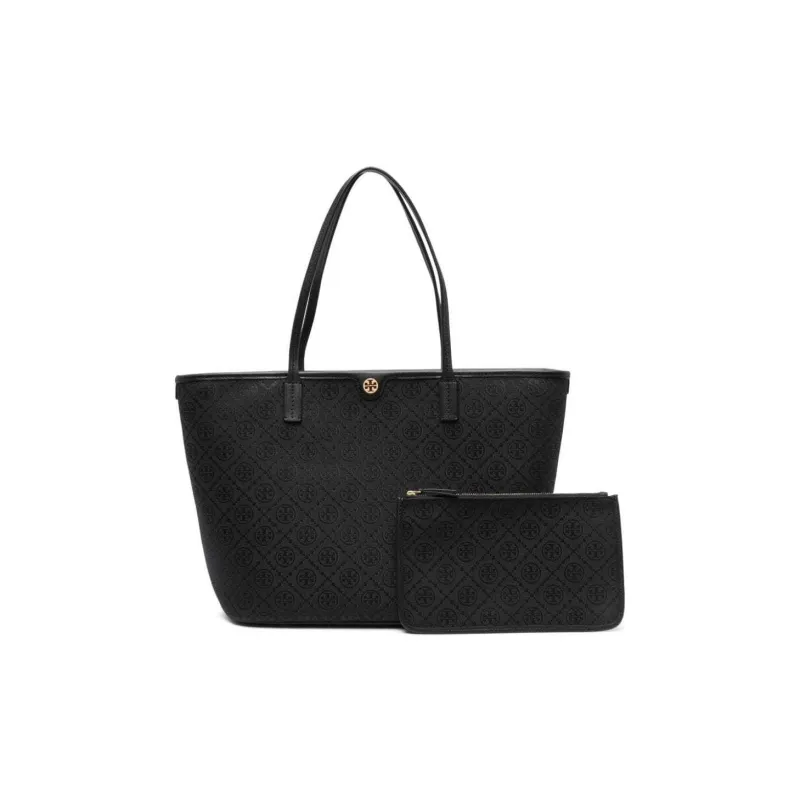 TORY BURCH T Monogram Fabric Cow Leather Patchwork Tote Bag Shopping Bag Handbag Shoulder Bag Medium Size Women's Black-2
