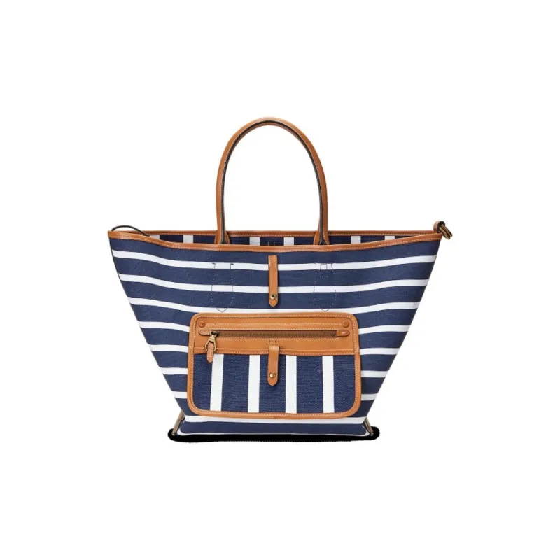 Polo Ralph Lauren Bellport Fabric With Canvas Tote Bag Shopping Bag Handbag Medium Size Women's Dark Blue & White-3