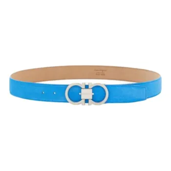 FERRAGAMO Gancini Logo Design, Smooth Buckle Suede, Suede, Palladium Plated Metal Leather Belts Men's Blue Width 3.5CM