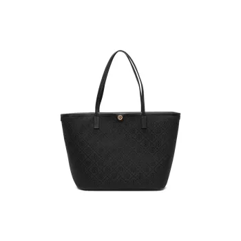 TORY BURCH T Monogram Fabric Cow Leather Patchwork Tote Bag Shopping Bag Handbag Shoulder Bag Medium Size Women's Black