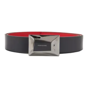 FERRAGAMO Double Sided Design Calfskin Leather Belts Men's Black/Flame Red Width 2.7cm