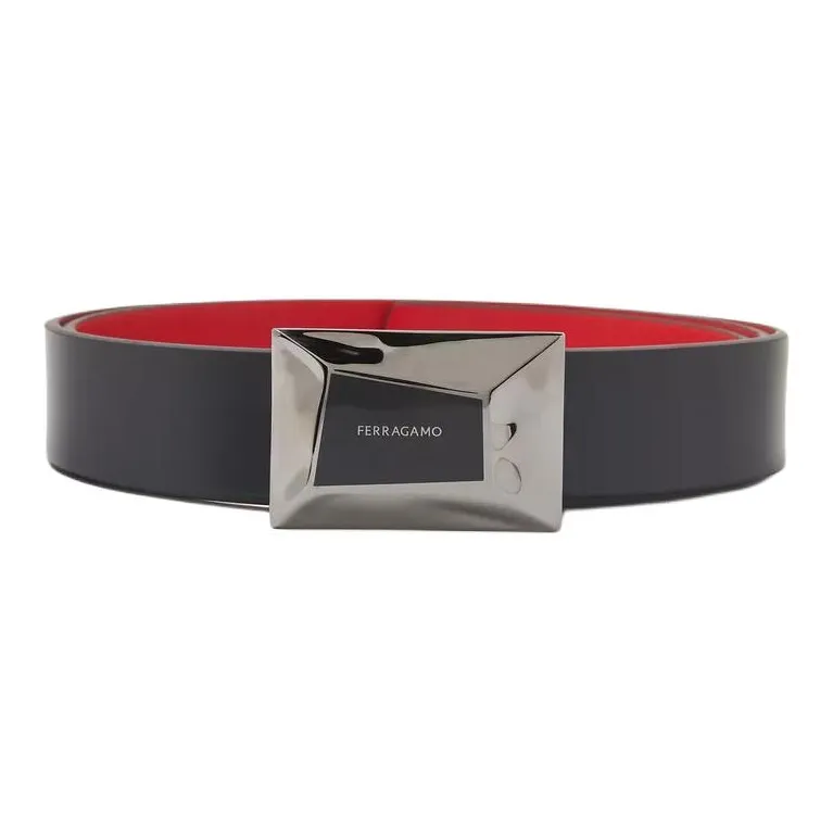 FERRAGAMO Double Sided Design Calfskin Leather Belts Men's Black/Flame Red Width 2.7cm-0