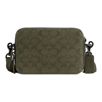 COACH Charter Fabric Cow Leather Patchwork Shoulder Bag Crossbody Bag Small Size Men's Army Green