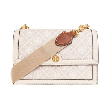 TORY BURCH T Monogram Fabric With Leather Trim Crossbody Bag Shoulder Bag Small Size Women's Almond White