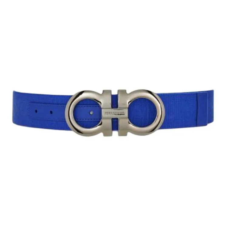 FERRAGAMO Badge Styling Smooth Buckle Calfskin Fabric Leather Belts Men's Blue Width  4CM-1