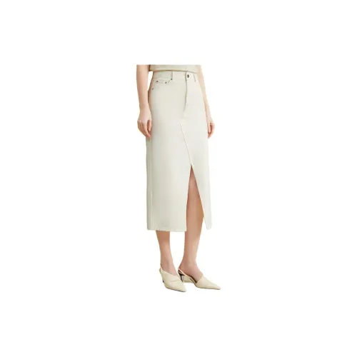 Yiner Denim Long Skirts Women's Cream White