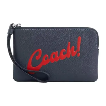 COACH Corner Zip Refined Pebbled Leather Clutch Small Size Women's Silver Panel Denim