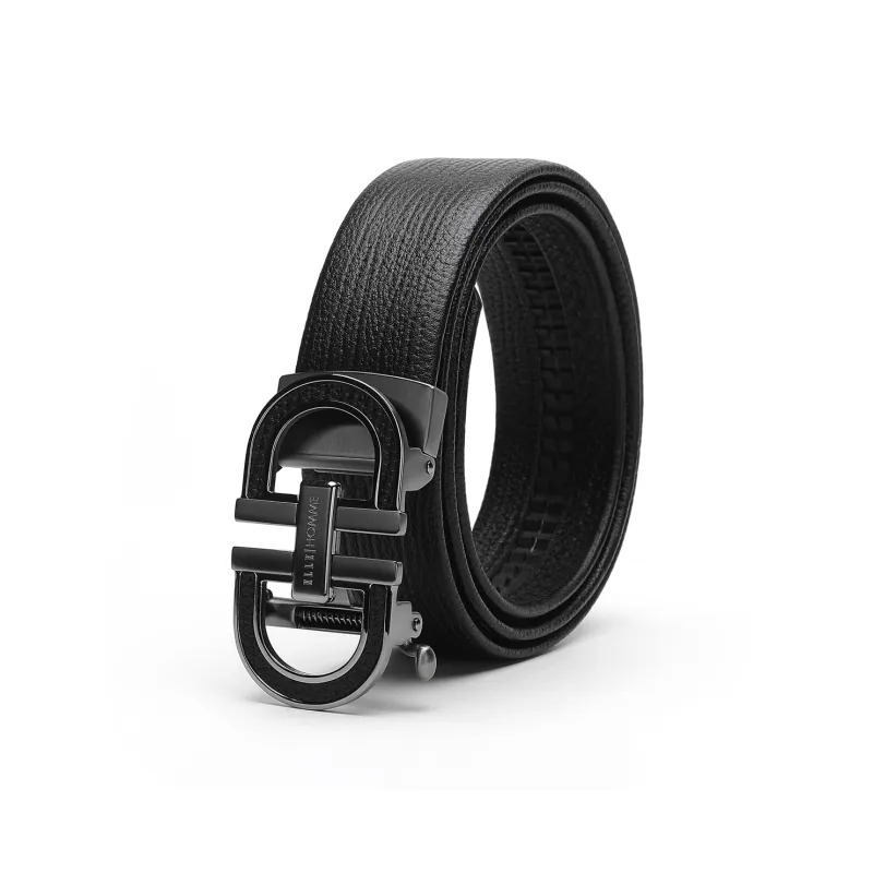 ELLE HOMME Automatic Buckle Belt Genuine Leather Trendy Steel Buckle Cow Leather Belts Men's Black Width 3.7cm-4