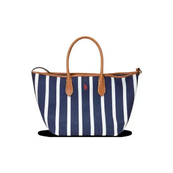 Polo Ralph Lauren Bellport Fabric With Canvas Tote Bag Shopping Bag Handbag Medium Size Women's Dark Blue & White